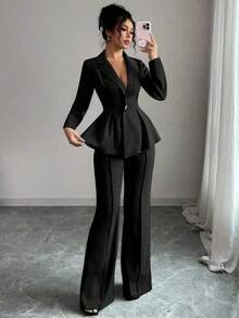 Elenzya Traje elegante que afina la cintura, pantalones acampanados y estilizadores para uso diario, adecuado para vacaciones, citas, Día de la Independencia, atuendo de maestra - Negro - Ver 5