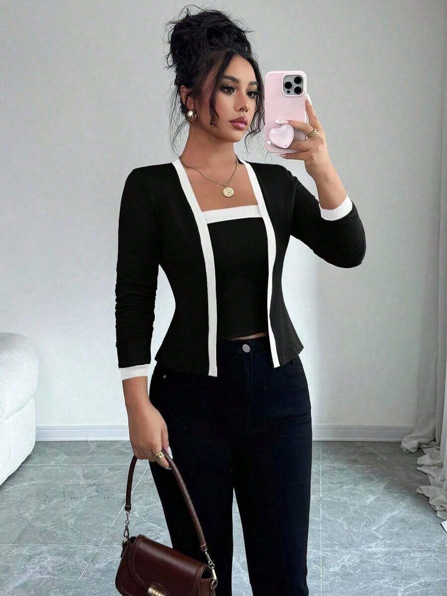 Set de 2 piezas: Top de mangas largas con panel de color elegante de frente abierto y camiseta sin mangas para mujer - Multicolor 4 - Ver 1