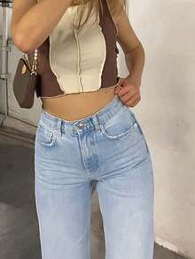 Jeans rectos de talle alto para mujer con efecto desgastado, tela delgada sin estiramiento, elegante estilo casual retro Y2K para exteriores, adecuado para primavera/verano, gris claro, nueva llegada 2026 - Lavado ligero - Ver 5