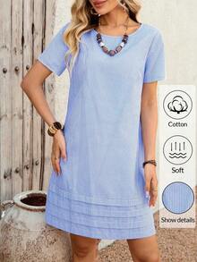 Vestido casual recto de unicolor, cuello redondo, manga corta para mujer, de verano - Azul marino - Ver 3