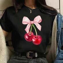 GiftGiftCamiseta de mujer con estampado de cerezas, cuello redondo, manga corta, top casual, longitud regular, tejido de punto, camisetas de frutas y verduras, top Y2k, playera casual para hombre, camisas unisex, playeras para mujerSoftSoft - Negro - Ver 1