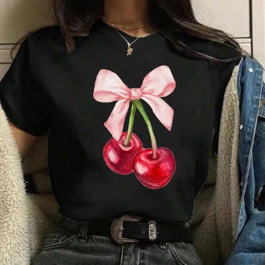 GiftGiftCamiseta de mujer con estampado de cerezas, cuello redondo, manga corta, top casual, longitud regular, tejido de punto, camisetas de frutas y verduras, top Y2k, playera casual para hombre, camisas unisex, playeras para mujerSoftSoft - Negro - Ver 1