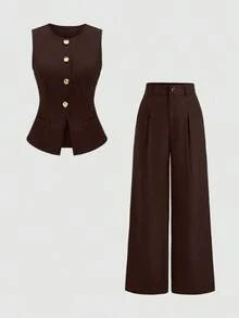 Sweetro Conjunto a juego de chaleco negro de una hilera y pantalones de pierna ancha con fruncidos - Marrón 2 - Ver 7