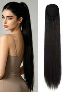 Extensiones de cola de caballo con cordón, cola de caballo larga y recta falsa, extensiones de cabello sintético natural y suave con clip, pieza de cabello resistente al calor - Negro - Ver 8