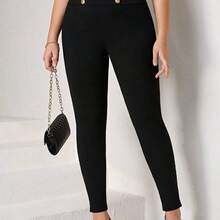 Plus Button Detail Leggings Black Pants - Negro - Ver 9