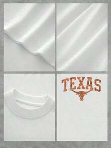 1 Texas Longhorn Graphic Print T-Shirt, Casual, Double Print, 100% Cotton, Festival Wear - Urban Vintage Style, Unisex, Loose Fit, Short Sleeve, Crew Neck, Blouses For Women. Blouses.Casual Blouses For Ladies. - 白色 - 查看 4