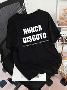 short-sleeveCamiseta gráfica con eslogan español de verano para mujer, top casual y cómodo para uso diarioCuello Redondo Algodón  Tejido Suave Manga Corta Transpirable y Fresca Unisexo100% Cotton - Negro - Ver 3