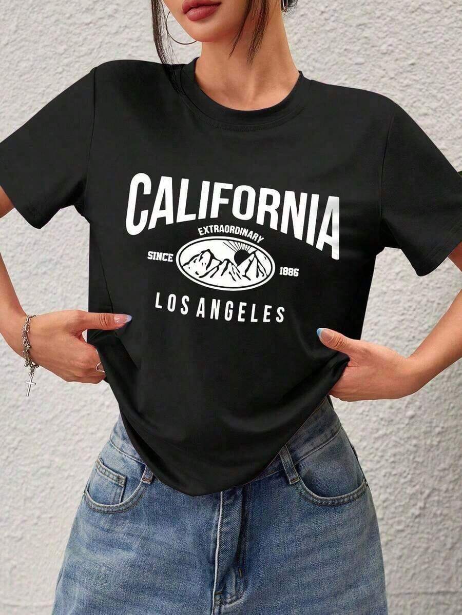 Free de manga corta para mujer. Diseño de patrón de letra vintage, pico de montaña al atardecer, adecuado para senderismo, playa, fiesta, deportes, ocio al aire libre, paseo por la ciudad y otras ocasiones, camiseta de manga corta para mujer, parte superior de primavera/verano, blusa para mujerHolidayNigh - Negro - Ver 1