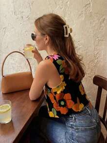 Camiseta de mujer elegante con estampado floral diminuto, adecuada para uso diario y casual de verano en vacaciones - Negro - Ver 4
