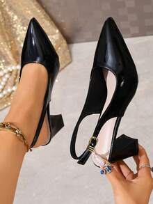 Giày sandal cao gót mũi nhọn bằng da bóng gợi cảm dành cho nữ, thích hợp cho hoạt động ngoài trời, kỳ nghỉ, tiệc tùng, trang phục trang trọng, gót dày kiểu Pháp với khóa cài, có thể mang quanh năm, màu đen. - màu đen - Xem 4