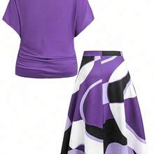 2pcs/Set Plus Size Solid V-Neck Ruffle Short Sleeve Top And Allover Print Skirt, For Summer - Burdeos - Ver 3