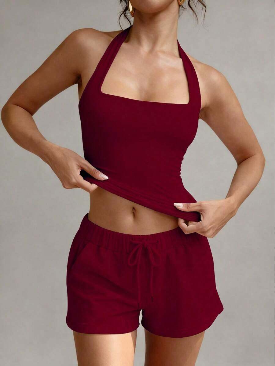 Camiseta sin espalda sexy, top de verano con cuello cuadrado elástico, ajuste casual y elegante, color amarillo para vacaciones - Burdeos - Ver 1