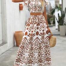Holidaya Women's Holiday Allover Print Square Neck Blouse And Ruffle Hem Skirt Set - Marrón - Ver 1
