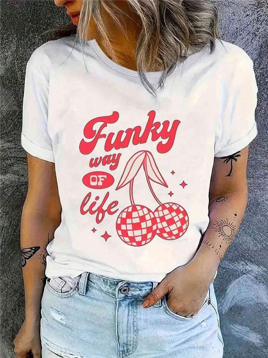 Women's Valentine's Day Cherry Print T-Shirt, Featuring Cherry Check Pattern Print, Breathable, Washable, Casual Crew Neck Top, Spring/Summer Vacation Style, Summer T-Shirt. - White - View 1