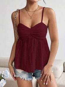 Camiseta sin mangas de mujer de moda con diseño plisado de unicolor y ribete de encaje - Rojo - Ver 6