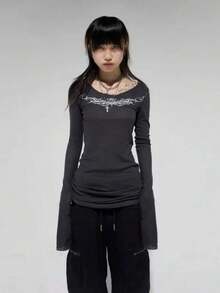 Seeslim Gothic Graphic T Shirts Women Long Sleeve Korean Fashion 2000s Clothes Y2k Slim Spring Autumn Tops Tees Female Clothing - 深灰色 - 查看 3
