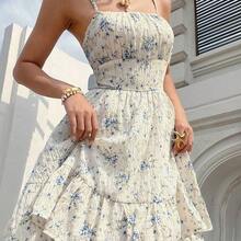 Women's Summer Holiday Ditsy Floral Print Ruffle Hem Spaghetti Strap Beach Dress,Bohemian Clothes Vacation Resort - Púrpura malva - Ver 8