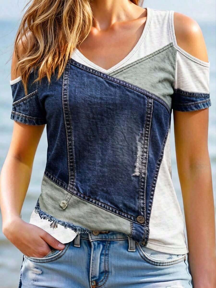 Camiseta de hombros descubiertos en degradado, camiseta casual de verano de manga corta y cuello en V para mujeres - Blanco - Ver 1