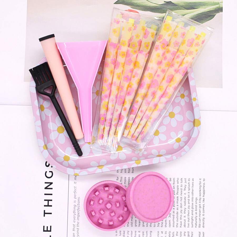 Cute Pink Floral Rolling Tray Set, Smoking Accessories Kit With Grinder, Funnel &16Pcs Pre-Cones, Aesthetic Portable Storage Organizer For Smokers - Xem 1