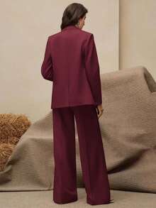 Conjunto de traje de mujer, blazer de unicolor estilo vintage + pantalones rectos, 2 piezas - Burdeos - Ver 2
