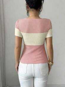 Camiseta de manga corta casual con bloques de color para mujer, verano - Rosa - Ver 3