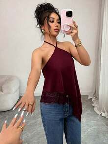 Nuevo top de verano para mujer con cuello halter, espalda descubierta y encaje, blusa ajustado sin mangas sexy, adecuado para fiestas, cócteles, ocasiones formales y casual de negocios, conjunto de playa para mujer - Burdeos - Ver 6
