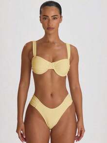 Resort Top de bikini con aros, hombros gruesos y pliegues en la copa, para vacaciones, verano y viajes a la playa.Traje de baño básico unicolor para resort - Amarillo - Ver 2