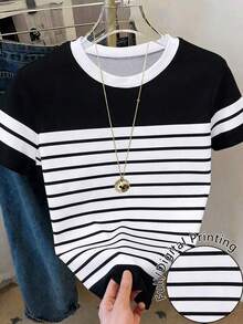 Camiseta de mujer de manga corta con cuello redondo, casual y versátil, a rayas - Multicolor 8 - Ver 4