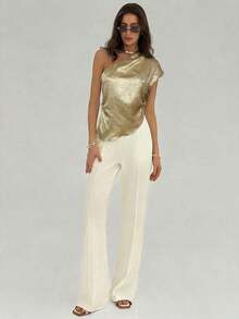 Blusa asimétrica de unicolor y textura simple con bajo asimétrico para mujer, ideal para playa y vacaciones, estilo boho tropical, corta, elegante, simple, delgada y versátil para uso diario, top de verano - Dorado - Ver 9