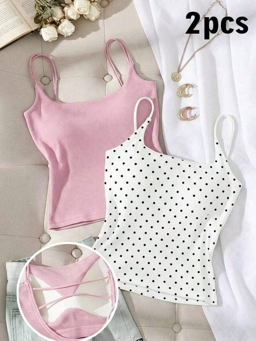 Paquete de 2 tops de camiseta acanalada con sujetador acolchado incorporado - Rosa y Negro/Lunares blancos, tops versátiles casuales para verano y uso en todas las estaciones, estilos suaves y limpios para chica, perfectos para el hogar, la escuela - Negro 4 - Ver 1