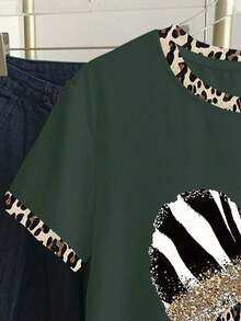 Camiseta casual de mujer de manga corta, cuello redondo, con estampado de bloques de color, leopardo y cereza - Multicolor - Ver 4