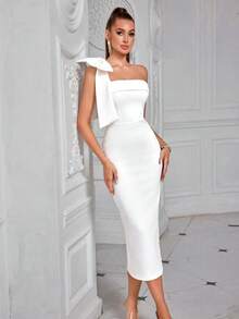 Vestido de cóctel ADYCE de un hombro, unicolor, con lazo decorativo, escote strapless, abertura en la espalda y hasta la rodilla, blanco, elegante y semiformal para bodas, cumpleaños, graduación, cena o eventos - Blanco - Ver 7