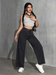 Jeans rectos y sueltos con bolsillos - Gris Oscuro - Ver 3