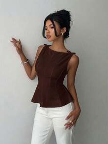 sin mangas elegante para ir a la oficina, diseño minimalista, casual de negocios para mujer, ropa de oficina, salir, para maestras, blusa casual para mujer, blusa social para mujer - Café integral - Ver 8