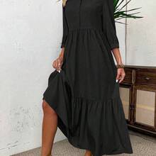 Women Solid Color Casual Short Sleeve Dress Maxi Women Outfit - Marrón - Ver 6