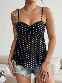 Camiseta sin mangas de mujer de moda con diseño plisado de unicolor y ribete de encaje - Blanco y Negro - Ver 3