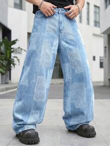 LIYS Herrbyxor med lapptäcke och vävda jeans, Ljustvättade, lösa jeans med vida ben, Casual Streetwear - Ljustvätt - Visa 5