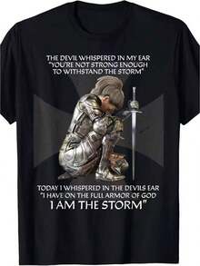Women's "I AM THE STORM" T-Shirt - Faith Clothing With Knight's Armor And Sword Design, Soft Cotton Short Sleeve Crew Neck Casual Inspirational Gift For Church, Prayer And Casual Wear (Inspired By Psalm 23) - 黑色 - 查看 6