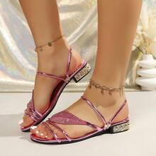 Fashionable Reversible Rhinestone Decorated Sandals, Versatile Wear - Hot Pink - View 3