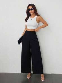 PETITE Pantalones de pierna ancha de textura de cintura alta, de estilo casual y sencillo, apropiados para ir a la escuela o para ir y venir al trabajo - Negro 2 - Ver 6