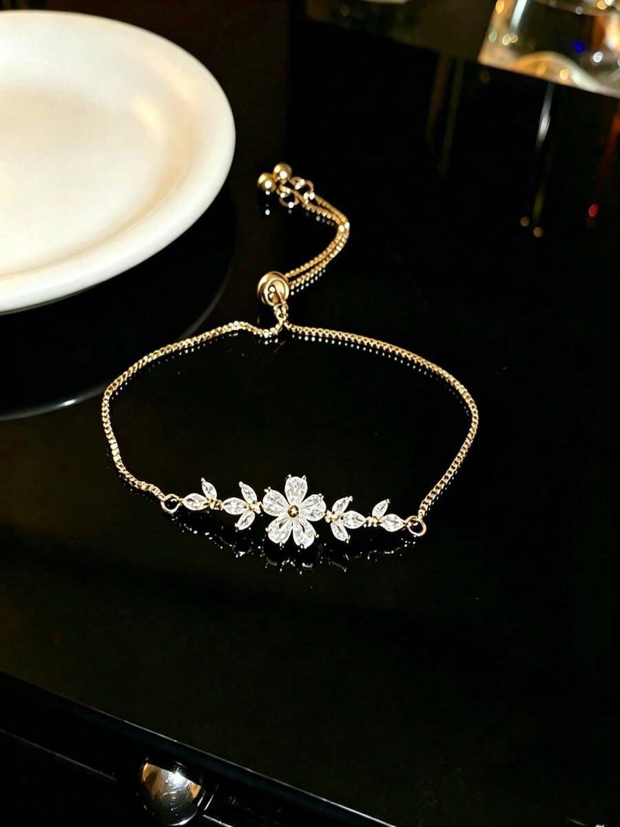 1 chiếc vòng tay thời trang phong cách Âu & Mỹ, vòng tay cô dâu hình lá đính đá Zirconia có thể điều chỉnh kích thước. - Vàng - Xem 1