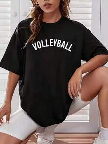 Altamente recomendado: Camiseta de voleibol para mujer con patrón de fuente grande y curvada, camiseta casual de manga corta, regalo para jugadores y aficionados del voleibol, 100% algodón, fácil de combinar. - Negro - Ver 8