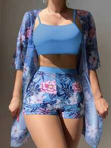 Conjunto de playa de 3 piezas para mujer: top de bikini corto negro, kimono de malla y shorts - Multicolor 6 - Ver 9