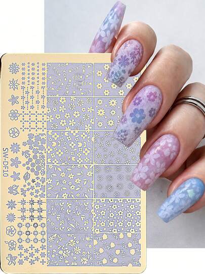 1pc Daisy Flower Nail Stamping Plate, SW-DF10 Stainless Steel Nail Art Template With Tiny Floral Leaf Pattern, Spring Summer Pastel Garden Style Stencil For DIY Manicure Nail Art Supplies, Nail Accessories Tools