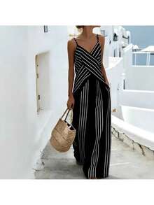 Conjunto sin mangas de cuello V para mujer, rayas vintage, estética delicada y elegante, estilo vacacional, nueva llegada verano 2026 - Negro - Ver 2