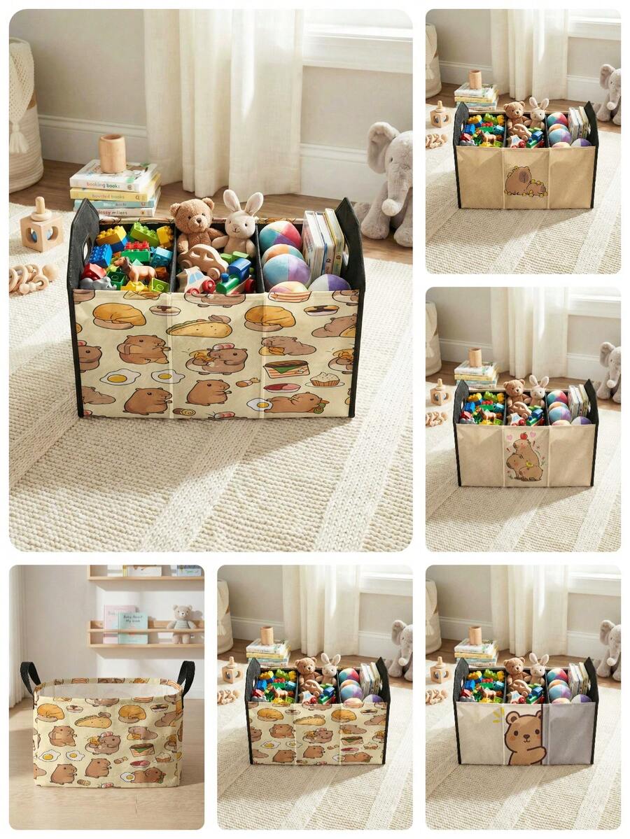 1pc Compartment Storage Box, Laundry Basket, Large Capacity Foldable With Patterned Print, Suitable For Nursery, Bedroom, Baby Clothes, Under Bed Storage, Toy Storage - Multicolor - View 1