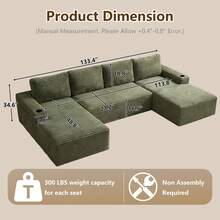 133.4'' U-Shape Modular Cloud Corduroy Sofa Sectional Couch For Living Room Boneless Couch With Cup Holders & Storage Pockets No Assembly Needed,Boneless Sectional Couch Loveseat Couch Vacuum-Sealed Compression Sofa - Màu xanh lá cây, hình chữ U, dài 133,4 inch. - Xem 5