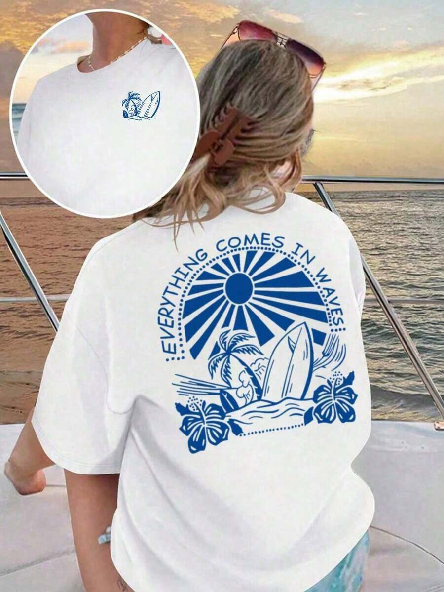Camisetas de manga corta para mujer, cuello redondo, camiseta de verano para mujer, nueva, sencilla, con estampado de árbol y playa, estilo informal para vacaciones, holgada, versátil, de cuello redondo, azul, de manga corta, camiseta moderna para uso diario, adecuada para el uso diario en vacaciones. - Blanco - Ver 1