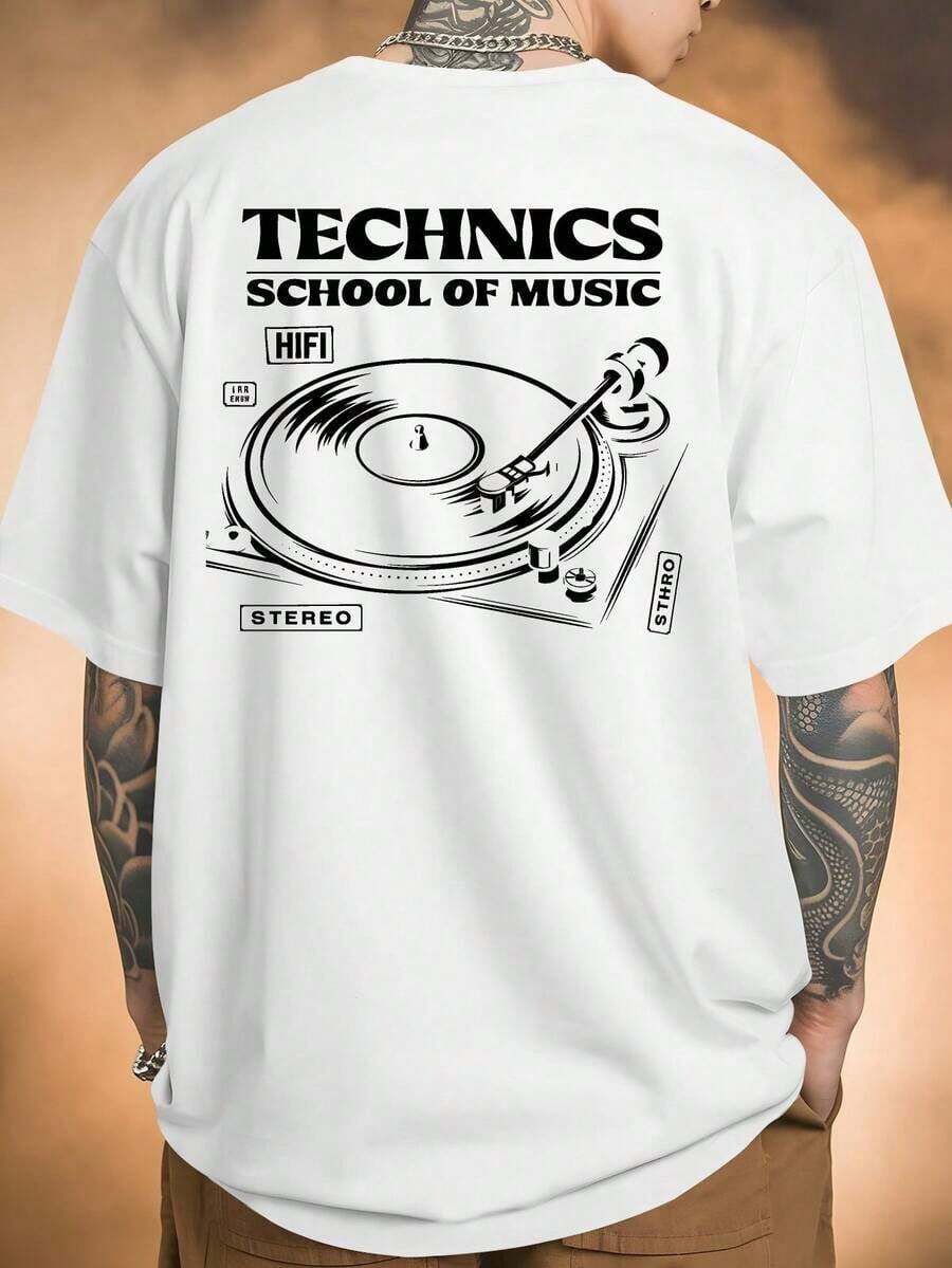 Men's Summer T-Shirts, Retro 80s Graphic Design - Vintage DJ Turntable And Vinyl Record Design With Technics School Of Music Lettering - Breathable Polyester Blend, Casual Short-Sleeved Shirt, Oversized Fit, Musical T-Shirt, Men's Plus Size T-Shirts, Men's Oversized T-Shirts, Spring Outfit, Cotton T-Shirt, Men's T-Shirt, Cotton T-Shirt, Men's Retro Street Print. - trắng - Xem 1