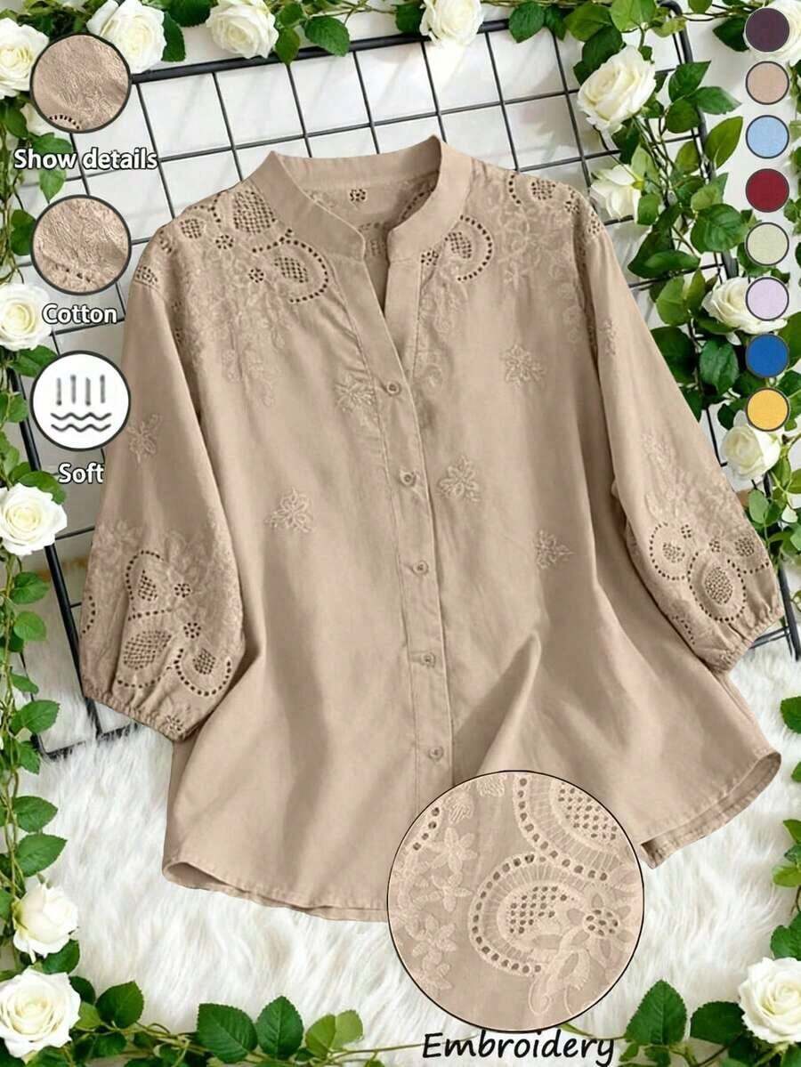 Blusa ligera y semitransparente con cuello en V y bordado sin estructura, para primavera/verano y vacaciones - Caqui - Ver 1